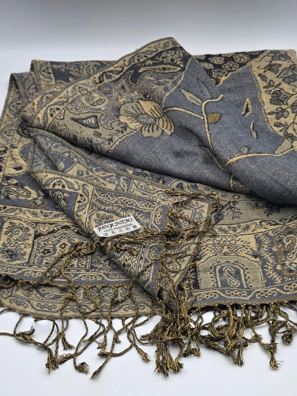 NEW Pashmina slate blue and gold jacquard paisley shawl